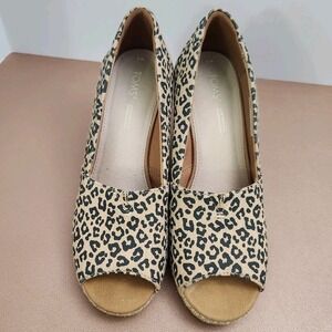 Toms Womens Size 8 Michelle Cheetah Print Stacked Heel Slip On Wedge Peep Toe